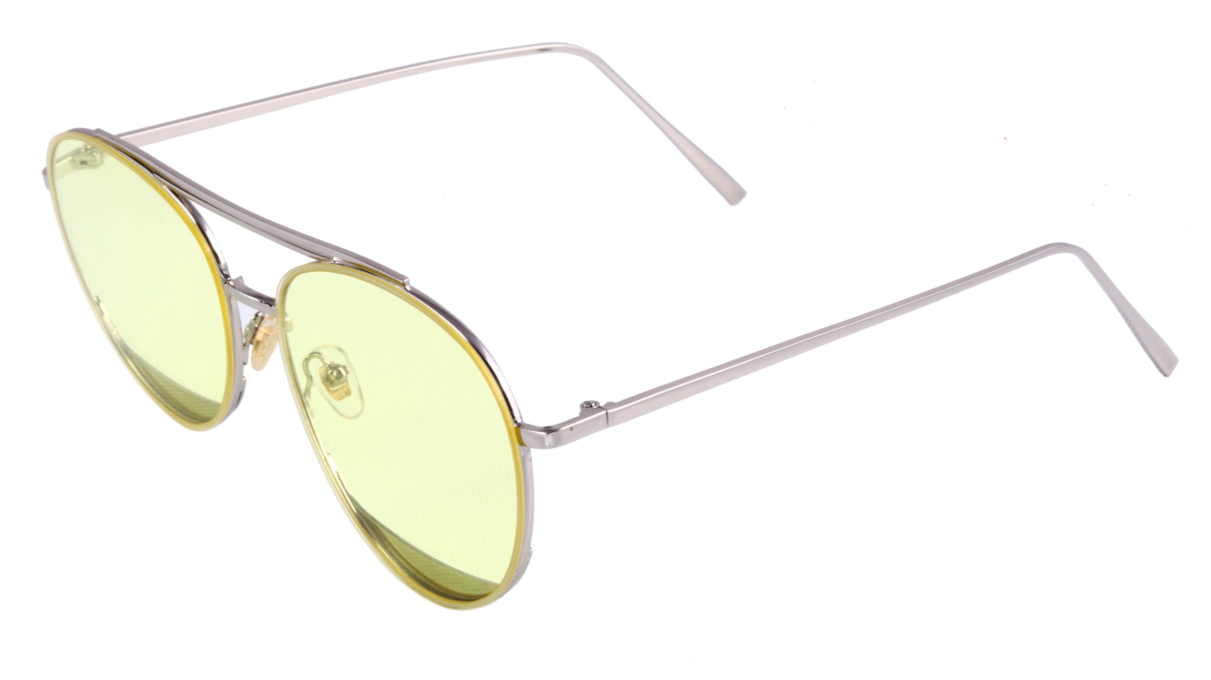 Unisex Aviator Sunglasses. Silver Color Metal Frame. See Through Yellow Color Lens.