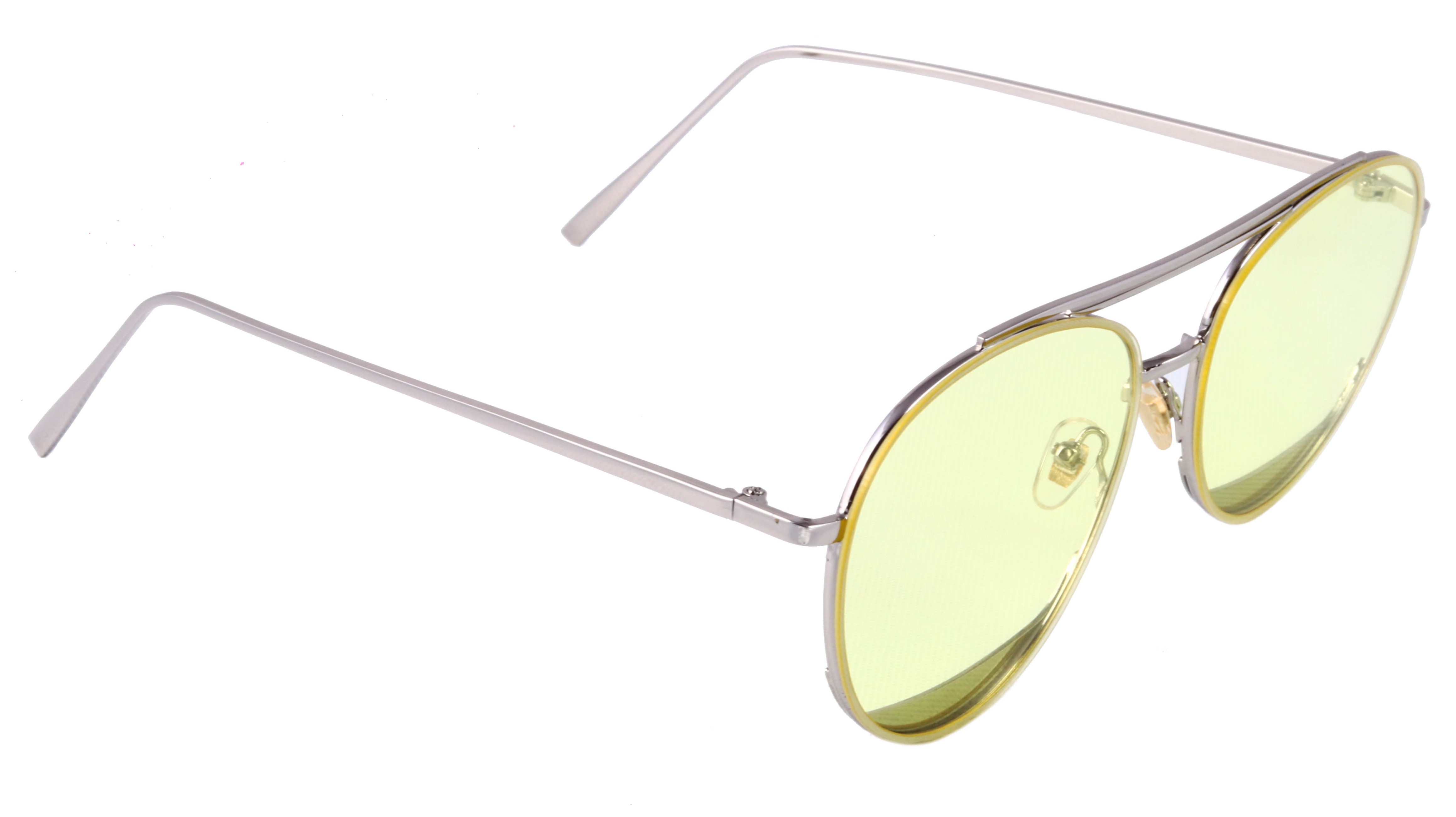 Unisex Aviator Sunglasses. Silver Color Metal Frame. See Through Yellow Color Lens.