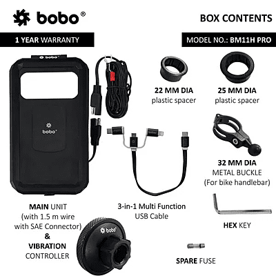 BOBO BM11H PRO Fully Waterproof Bike Phone Holder with Vibration Controller (with Fast 15W Wireless Charger & USB-C Input/Output Port) Motorcycle Mobile Mount
