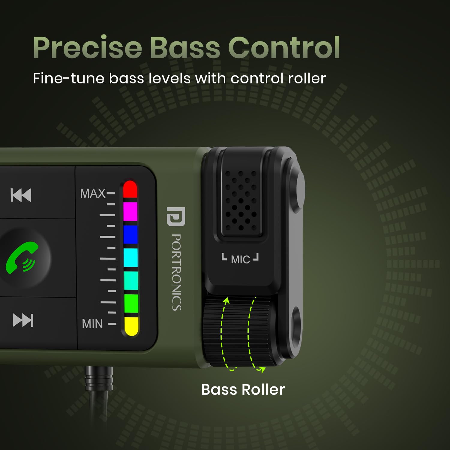 Portronics Auto Tune Car Bluetooth Receiver with Hands-Free Calling, Playing Music, Dynamic Lighting, 1m USB/AUX Cable, Bass Control Roller Portronics Auto Tune Car Bluetooth Receiver with Hands-Free Calling, Playing Music, Dynamic Lighting, 1m USB/AUX Cable, Bass Control Roller