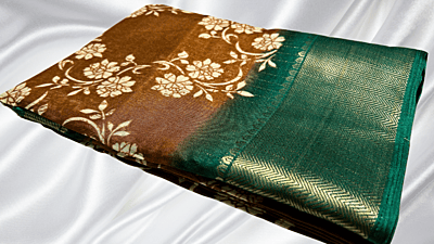 Kangan Dual Floral Jari Saree - Orange Brown & Pine Green
