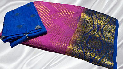 Premium Pure Mysore Silk Saree - Pink Rose & Navy Blue