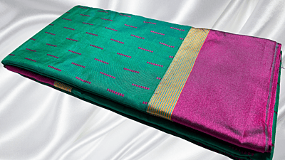 Pencil Kanchi Raindrop Silk Saree - Bottle Green & Pink