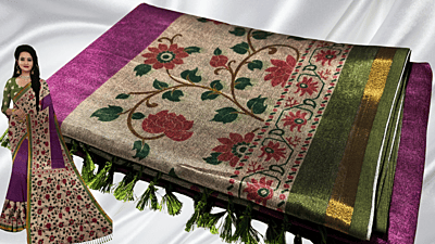 Chanderi Silk Digital Floral Saree - Purple Plum