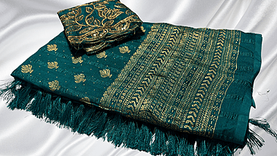 Popcorn Gold Foil Designer Saree - Pine Green