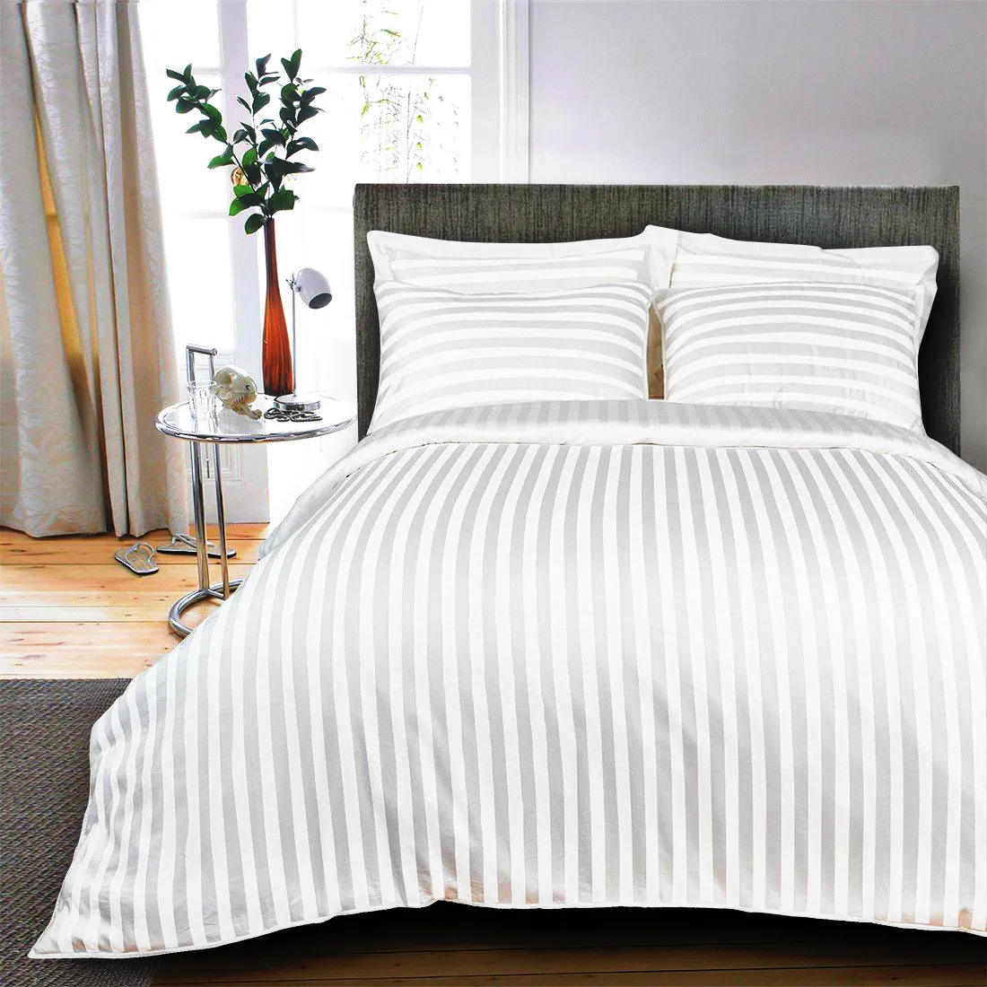 100% Cotton Duvet / Comforter Cover - 400 TC - Striped - White