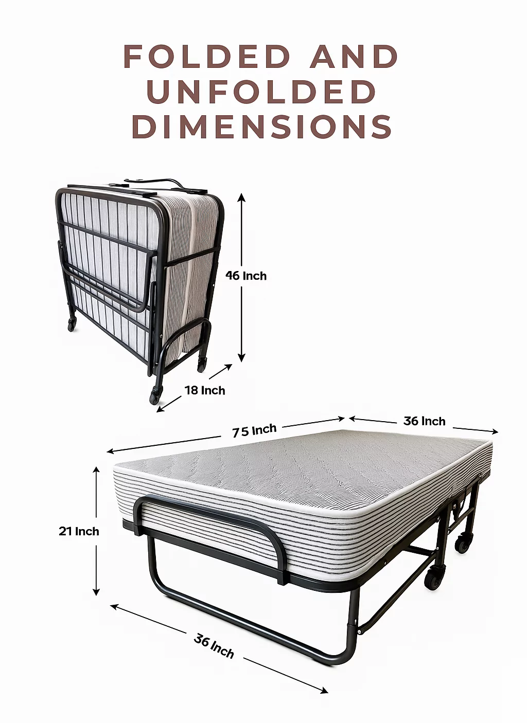 Sofrito Rollaway Foam and Wrought Iron Metal Folding Single Bed with 6-Inch Premium Mattress, Lockable Wheels Sofrito Rollaway Foam and Wrought Iron Metal Folding Single Bed with 6-Inch Premium Mattress, Lockable Wheels