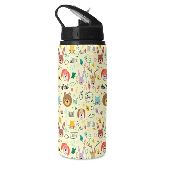 Printed Aluminium Sipper Water Bottle with Lid & Straw 750ml For Gym, Yoga, Kids, Boys,