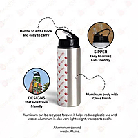 Printed Aluminium  Pari Design Sipper Water Bottle with Lid & Straw 600ml For Gym, Yoga, Kids, Boys,