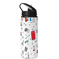 Printed Aluminium Design Sipper Water Bottle with Lid & Straw 600ml For Gym, Yoga, Kids, Boys,