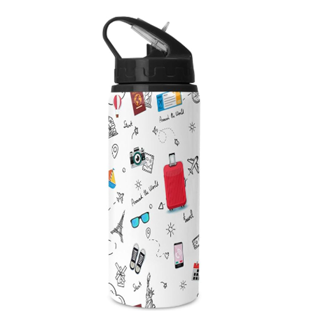 Printed Aluminium Design Sipper Water Bottle with Lid & Straw 600ml For Gym, Yoga, Kids, Boys,