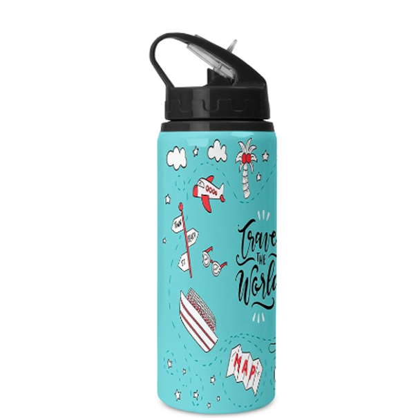Printed Aluminium  Basic Design Sipper Water Bottle with Lid & Straw 600ml For Gym, Yoga, Kids, Boys,