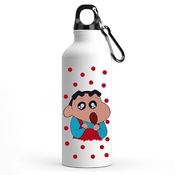 Printed Shinchan Aluminium Sipper Water Bottle Wide Mouth With Straw White for Kids Boy