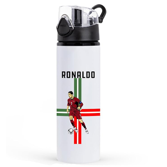 Ronaldo Printed Aluminum White Water Bottle Sports/School/
