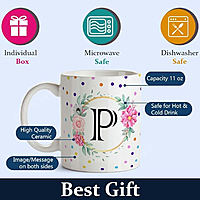 Printed Design Letters Personal Ceramic Cup (P) - Alphabet Colorful Dots and Floral Coffee Cup
