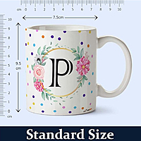 Printed Design Letters Personal Ceramic Cup (P) - Alphabet Colorful Dots and Floral Coffee Cup