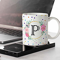 Printed Design Letters Personal Ceramic Cup (P) - Alphabet Colorful Dots and Floral Coffee Cup