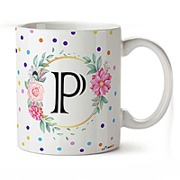 Printed Design Letters Personal Ceramic Cup (P) - Alphabet Colorful Dots and Floral Coffee Cup