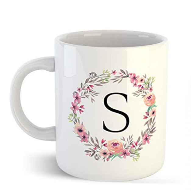 Printed GIFT BOX Creative Colorful Floral Letter Alphabet W White Ceramic Mug