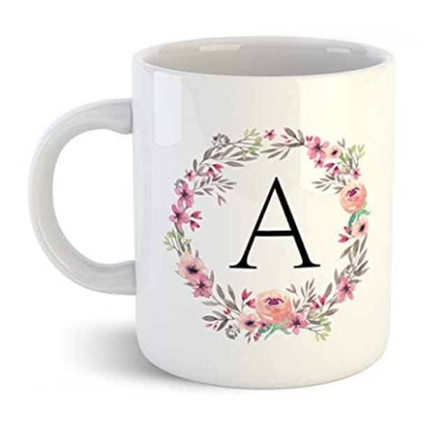 Printed Creative Colorful Floral Letter Alphabet A White Ceramic Mug - 300 ml
