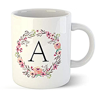 Printed Creative Colorful Floral Letter Alphabet A White Ceramic Mug - 300 ml