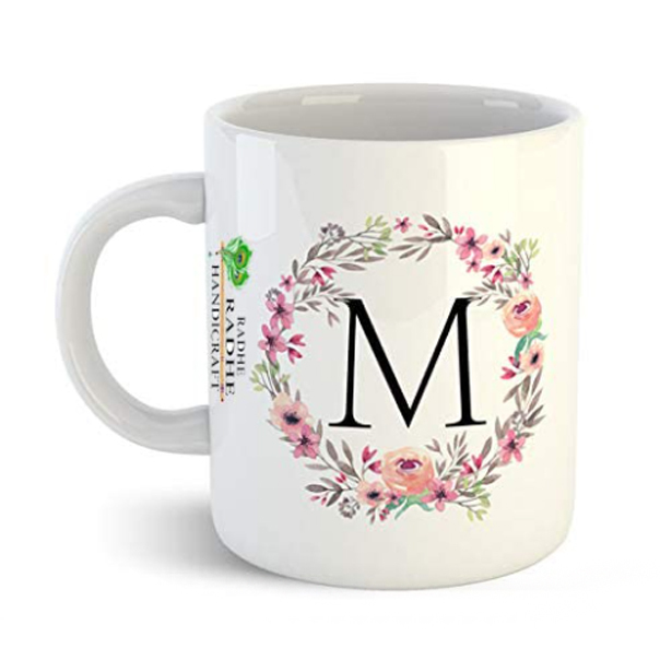 Printed Handicraft olorful Floral Letter White Ceramic Mug | Coffee Mug for Gift (Alphabet A) (M)