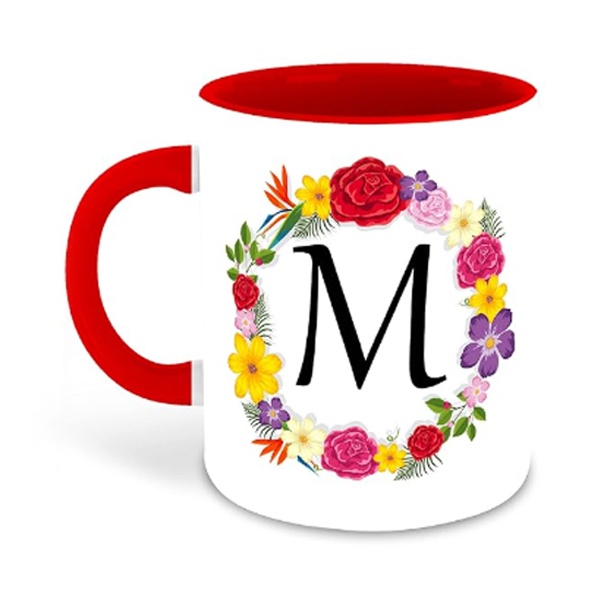 Printed  Letter M Name Initial Alphabet Inspiration Printed Red Inner Color Ceramic Coffee Mug