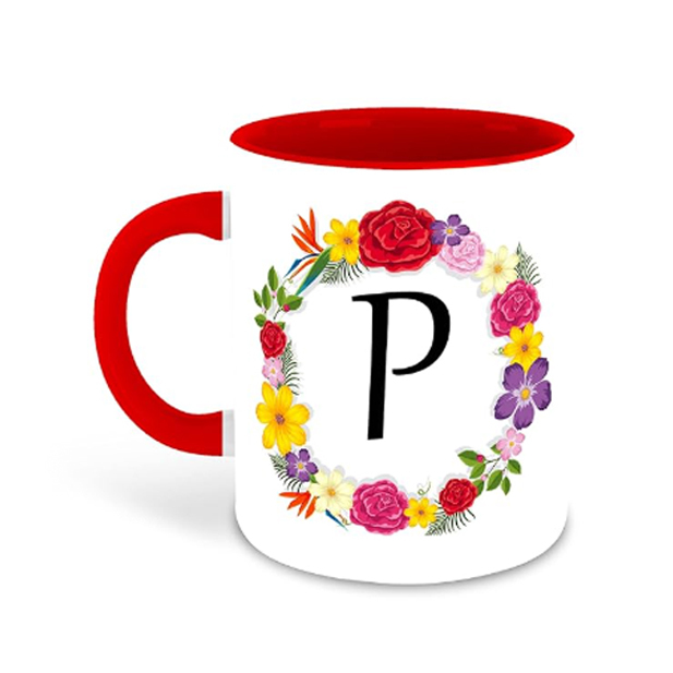 Printed  Letter P Name Initial Alphabet Inspiration Printed Red Inner Color Ceramic Coffee Mug