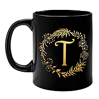 Printed  Design Letters Personal Ceramic Cup Black (T) - Alphabet Floral Coffee Cup/Letter Mug