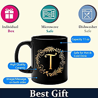 Printed  Design Letters Personal Ceramic Cup Black (T) - Alphabet Floral Coffee Cup/Letter Mug