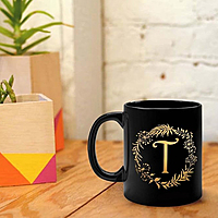 Printed  Design Letters Personal Ceramic Cup Black (T) - Alphabet Floral Coffee Cup/Letter Mug