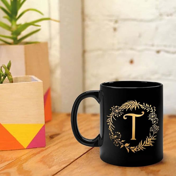 Printed  Design Letters Personal Ceramic Cup Black (T) - Alphabet Floral Coffee Cup/Letter Mug