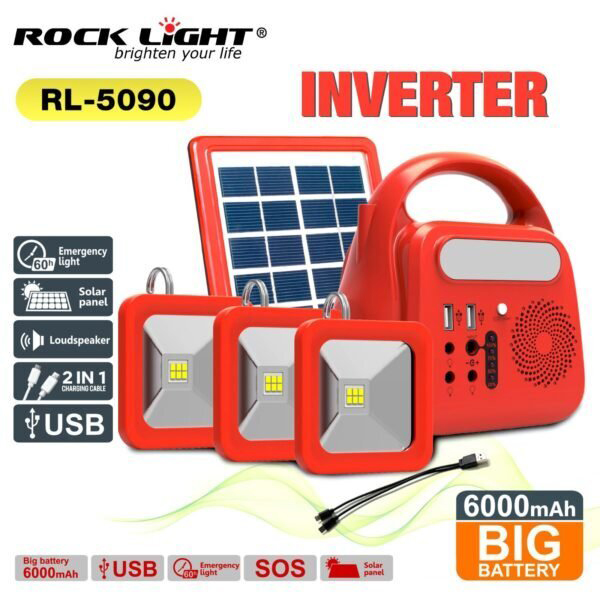 RL-5090 Mini Inverter, Solar Emergency Light for Home and Camping, 2-in-1 Charging Cable, Bluetooth Speaker, TF Card, USB