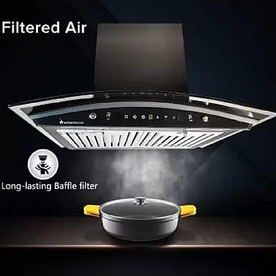 Wonderchef Power Curve Wall-Mount Chimney Auto Clean Function 1200M3/H Suction Capacity 3 Speed Motion SS Baffle filter