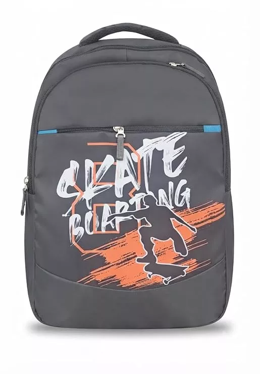 Skateboarding Graphic Backpack, Grey with Orange Print