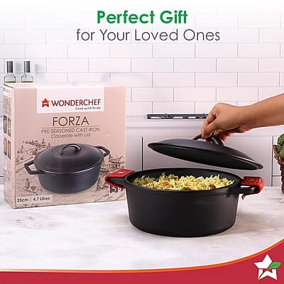 Wonderchef Forza 25 cm Cast-Iron Casserole with Lid Pre-Seasoned Cookware 4.7 L Wonderchef Forza 25 cm Cast-Iron Casserole with Lid Pre-Seasoned Cookware 4.7 L
