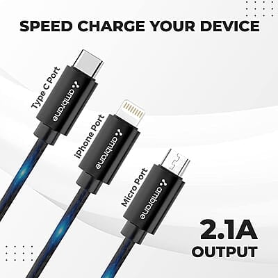 Ambrane Unbreakable 3 in 1 USB Fast Charging Cable with Type C, Lightning, Micro USB Port with 2.1 A