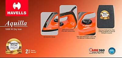 Havells Dry Iron Aquilla 1000W Iron Press German Technology Non Sick Coated Sole Plate Havells Dry Iron Aquilla 1000W Iron Press German Technology Non Sick Coated Sole Plate