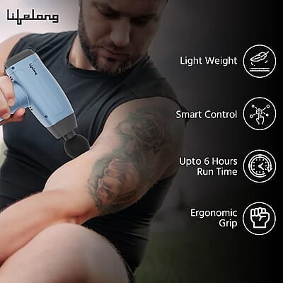 Lifelong Gun Massager Percussion for Full Body Pain Relief 6 Heads LED Touch 30 Speed Levels  Premium Bag