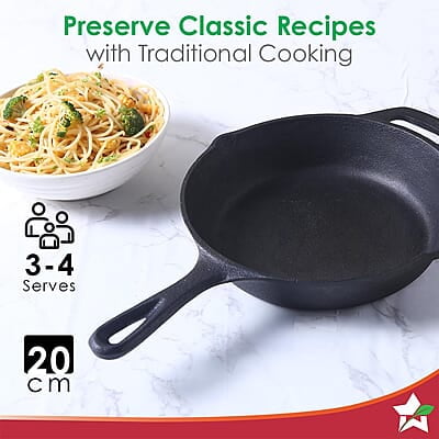Wonderchef Forza Cast-Iron 20 cm Fry Pan, Pre-Seasoned Cookware, Induction Friendly, 3.8mm