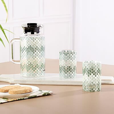 Borosil Artisan Series Vista 1000ml Multipurpose Jug with 2 pc Medium (295 ml) Glass Set | 100% Borosilicate, Fridge & Freezer, Dishwasher Safe | Glass Jug with Tumbler | Transparent