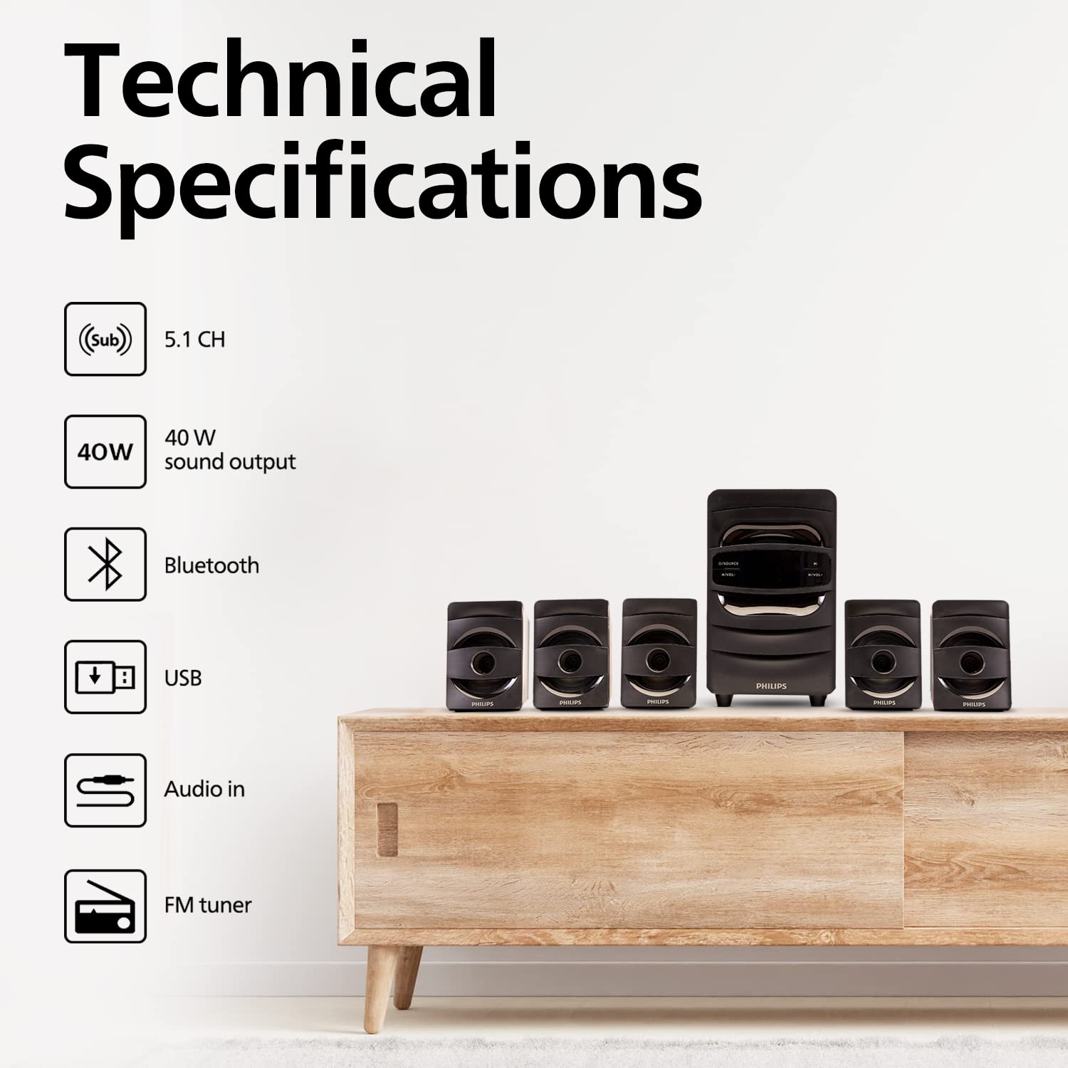 PHILIPS Audio SPA5128B 5.1 CH 40W Bluetooth Multimedia Speakers