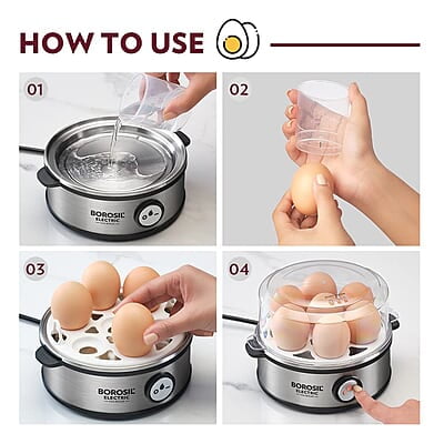 Borosil Electric Egg Boiler, 7 Egg Capacity, For Hard, Soft, Medium Boiled Eggs, Steamed Vegetables, Transparent Lid, Stainless Steel Exterior