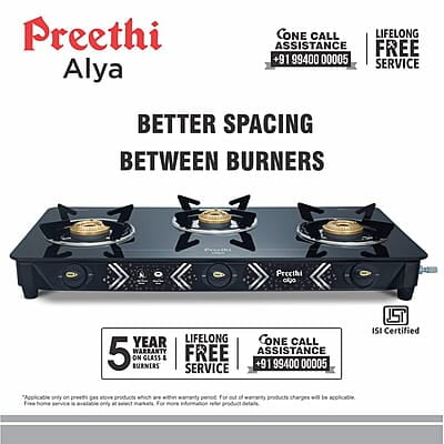 Preethi Alya Glass Top 3 Burner Gas Stove, Manual Ignition Preethi Alya Glass Top 3 Burner Gas Stove, Manual Ignition