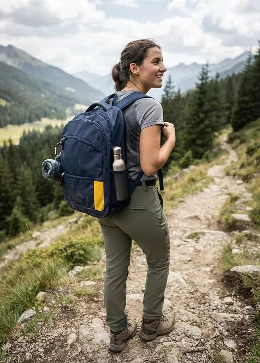 Navy Blue Backpack with Multiple Compartments and Yellow Accent Multiple Zip Pockets, Side Pocket, Padded Straps, School & Travel Use, Durable Nylon Build