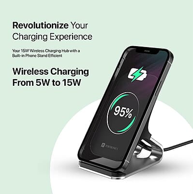 Portronics Freedom 15 Plus 15W Desktop Wireless Charger + Mobile Stand with Dual Coil, Aluminum Alloy