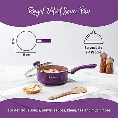 Wonderchef Royal Velvet 18cm Sauce pan with Glass Lid 3 mm thick 2 litres Wonderchef Royal Velvet 18cm Sauce pan with Glass Lid 3 mm thick 2 litres