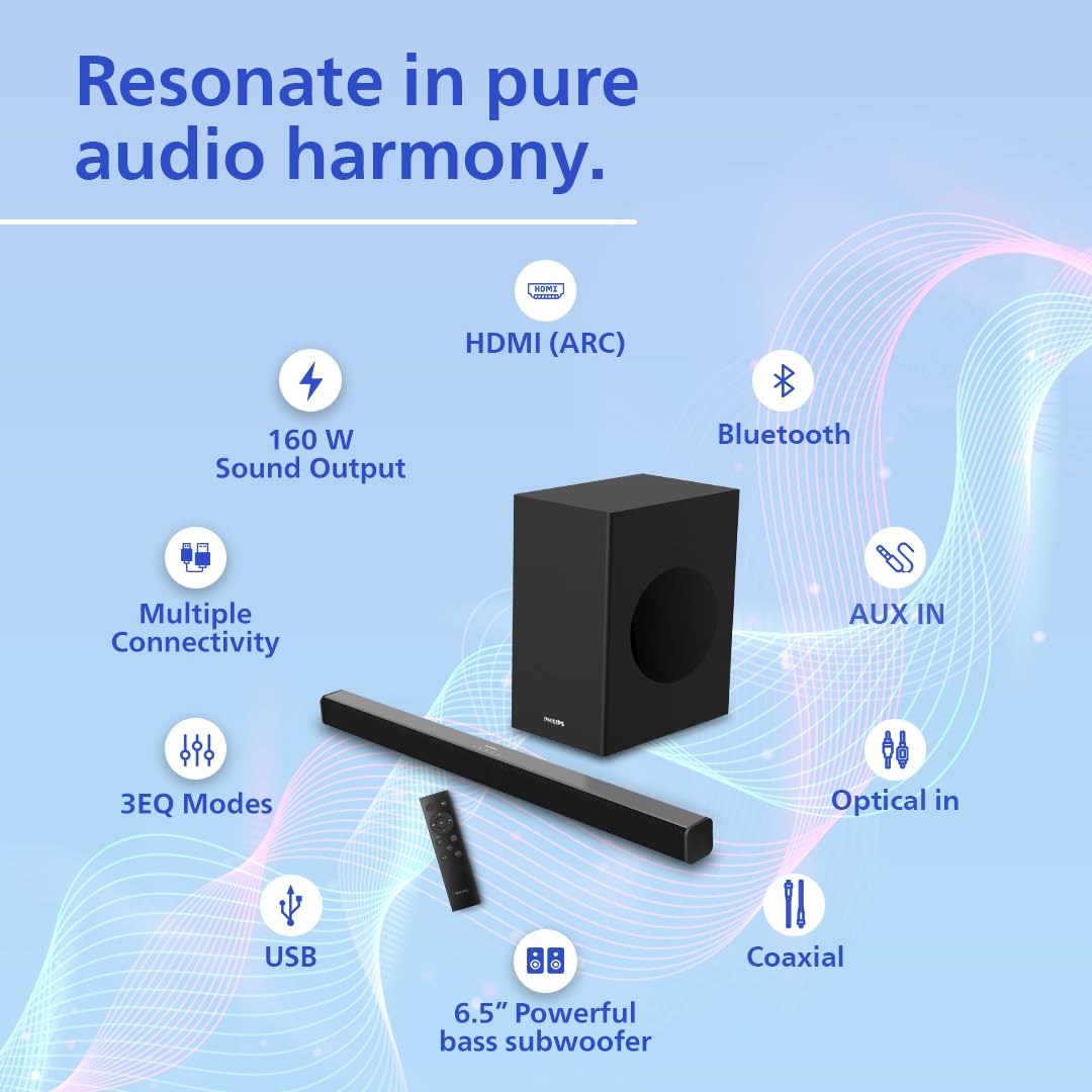 Philips TAB4228/94 2.1Ch Bluetooth Soundbar - 160W, Rich Bass, 3 EQ Modes, Multi-Connectivity (Black) Philips TAB4228/94 2.1Ch Bluetooth Soundbar - 160W, Rich Bass, 3 EQ Modes, Multi-Connectivity (Black)