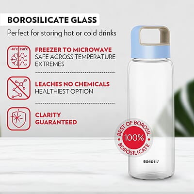 Borosil Crysto Wide Mouth Glass Water Bottle with Blue Lid | 750ml, Borosilicate Glass, Leakproof, Easy to Carry, Fridge & Dishwasher Safe | Can Use For, Lassi, Juice, Smoothies