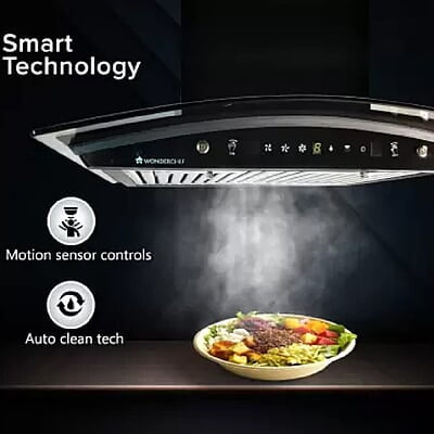 Wonderchef Power Curve Wall-Mount Chimney 1000M3/H Suction Capacity 3 Speed Push Control Low Noise 60cms